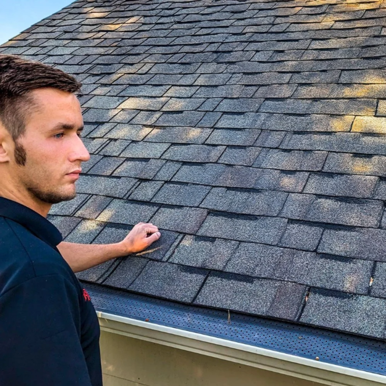 Donovan Davis - DTE Roofing Owner inspecting roof shingles